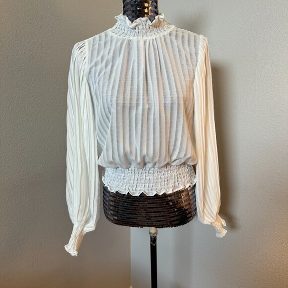 Blashe Blouse Sheer Chiffon Puff Sleeve Smocked Ruffle Chocker Neutral Sz MED - Picture 1 of 16